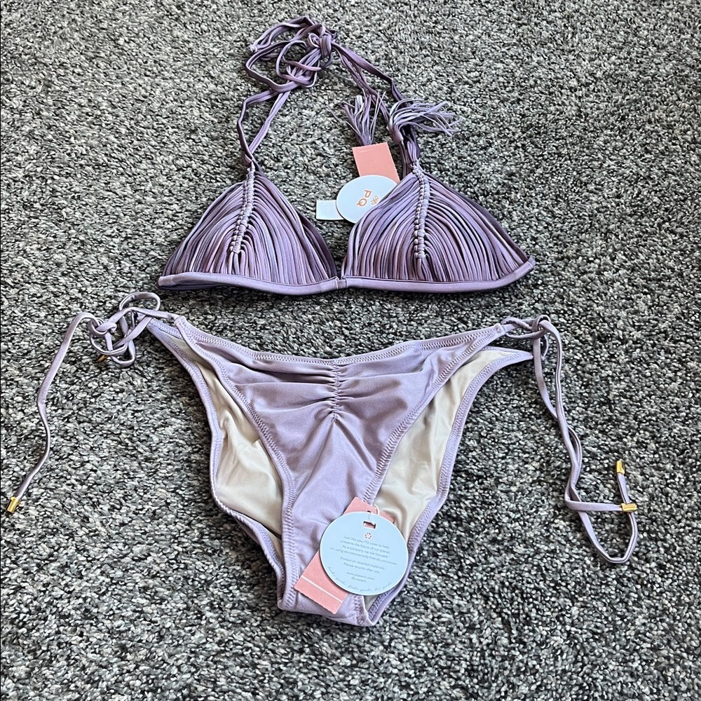 PQ Isla Top and Ruched Tie Full Bikini Bottom in Violet Sunset large and D
